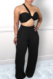 Black Sexy Solid Bandage Patchwork Halter Sleeveless Two Pieces