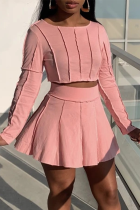 Pink Fashion Solid Patchwork O Neck Long Sleeve Two Pieces