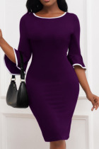 Purple Casual Solid Patchwork O Neck One Step Skirt Dresses