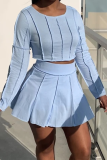 Blue Fashion Solid Patchwork O Neck Long Sleeve Two Pieces