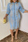 Light Blue Casual Solid Patchwork Hot Drill Turndown Collar Three Quarter Straight Denim Dresses