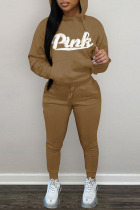 Brown Casual Solid Embroidered Patchwork Hooded Collar Long Sleeve Two Pieces