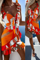 Tangerine Red Vacation Print Patchwork Stringy Selvedge Spaghetti Strap Sling Dress Dresses