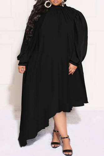 Black Casual Solid Patchwork Half A Turtleneck Irregular Dress Plus Size Dresses