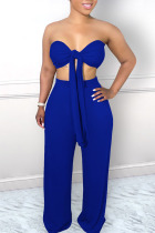 Blue Sexy Solid Bandage Patchwork Halter Sleeveless Two Pieces