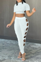 White Sexy Solid Hollowed Out O Neck Short Sleeve Two Pieces