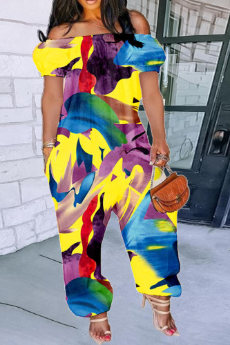 Colour Fashion Print Patchwork Off the Shoulder Harlan Jumpsuits