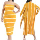 Yellow Fashion Striped Strap Design Printing Strapless Plus Size Two Pieces