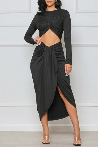 Black Sexy Solid Hollowed Out Patchwork Asymmetrical O Neck Irregular Dress Dresses