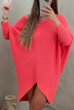 Watermelon Red Casual Solid V Neck Dresses