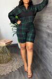 Black Green Fashion Casual Plaid Print Patchwork Zipper Collar Long Sleeve Two Pieces