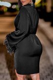 Black Elegant Solid Patchwork Feathers V Neck Irregular Dress Dresses