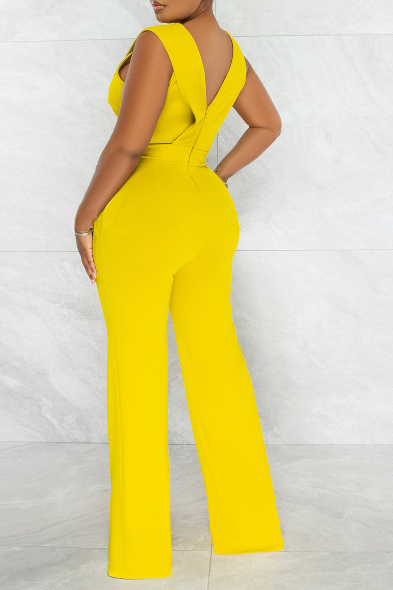 Wholesale Yellow Casual Solid Patchwork V Neck Straight Jumpsuits ...