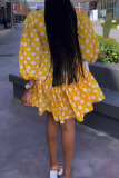 Yellow Casual Print Polka Dot Patchwork Fold O Neck A Line Dresses