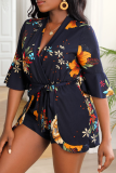Black Casual Print Patchwork V Neck Straight Rompers
