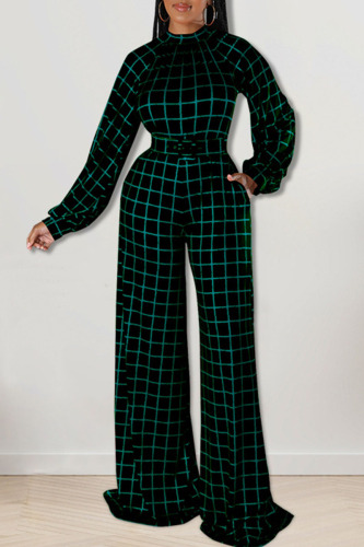 Black Casual Plaid Print Patchwork O Neck Straight Jumpsuits