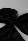 Black Elegant Solid Patchwork With Bow Oblique Collar One Step Skirt Dresses(Without Belt)