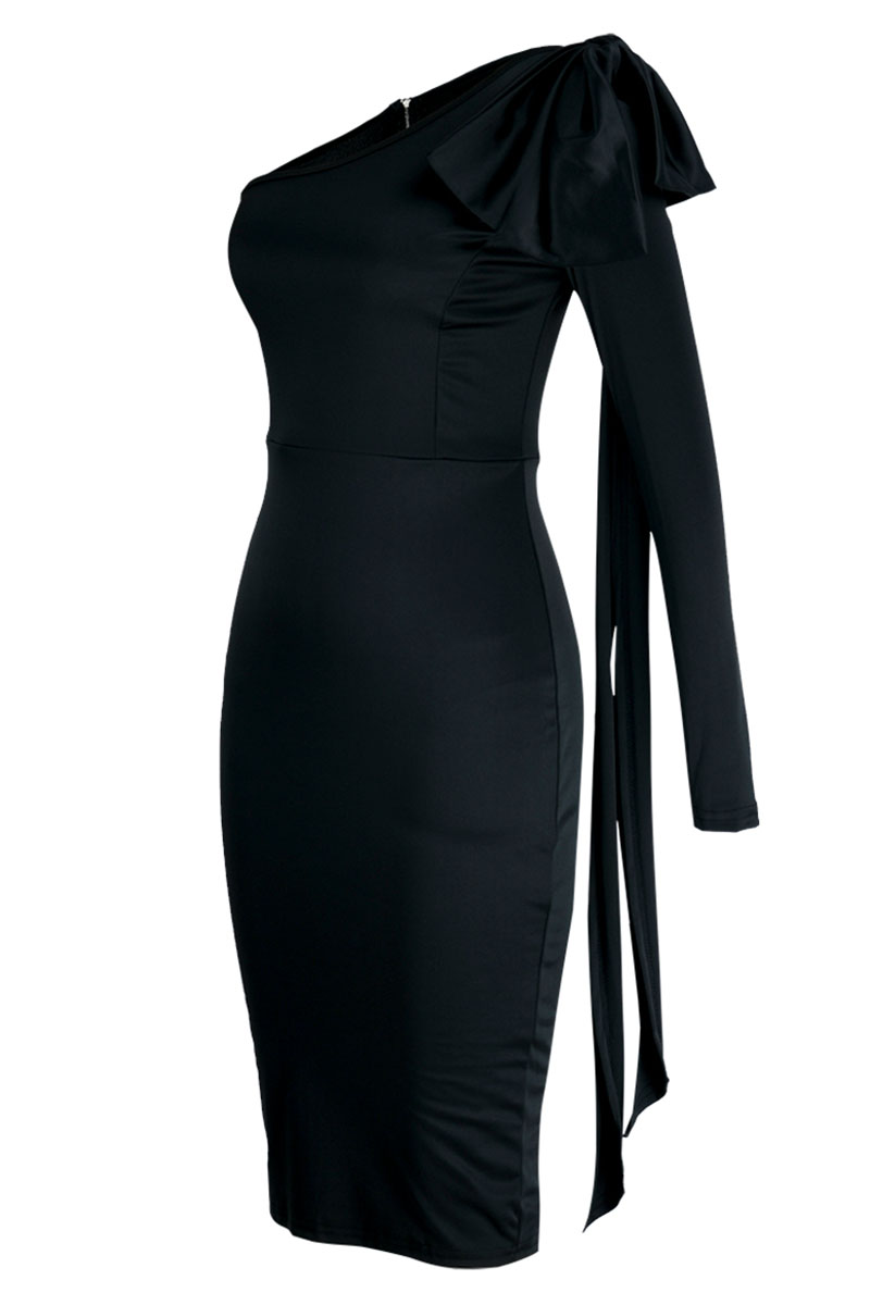 Elegant Solid Knotted Oblique Collar One Step Skirt Dresses