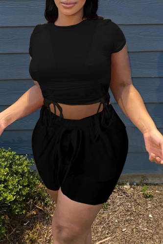 Black Fashion Solid Draw String O Neck Short Sleeve Two Pieces