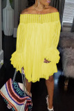 Yellow Casual Solid Patchwork Flounce Off the Shoulder Dresses