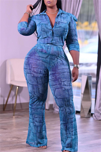 Light Blue Fashion Casual Print Patchwork Turndown Collar Plus Size Two Pieces