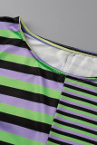Purple Green Casual Striped Print Patchwork O Neck Sleeveless Two Pieces