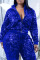 Blue Sexy Solid Sequins Patchwork Zipper Collar Coats
