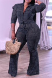 Black Fashion Casual Print Patchwork Turndown Collar Plus Size Two Pieces