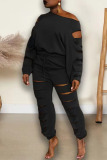 Black Casual Street Solid Hollowed Out Patchwork O Neck Long Sleeve Two Pieces