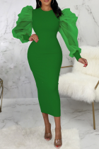 Green Fashion Solid Mesh O Neck Pencil Skirt Dresses