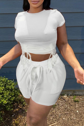 White Fashion Solid Draw String O Neck Short Sleeve Two Pieces