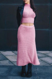Pink Sexy Solid Patchwork Slit Turtleneck Short Sleeve Two Pieces