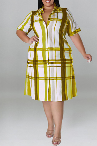 Yellow Fashion Casual Plus Size Plaid Print Patchwork Turndown Collar Shirt Dress