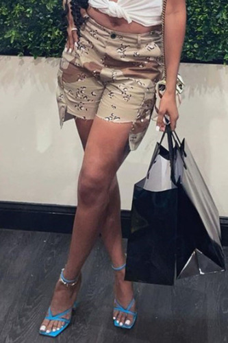 Khaki Casual Street Print Camouflage Print Patchwork Pocket High Waist Straight Full Print Bottoms