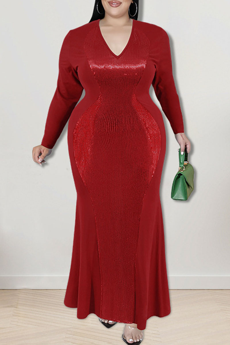 Wholesale Red Sexy Solid Sequins Patchwork V Neck Long Sleeve Plus Size Dresses K58623 2 Online 