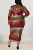 Red Fashion Casual Striped Print Patchwork O Neck One Step Skirt Plus Size Dresses