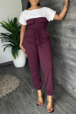 Burgundy Fashion Casual Solid Patchwork Contrast O Neck Regular Jumpsuits