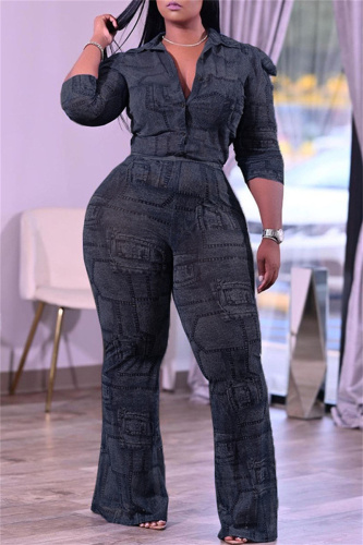 Black Fashion Casual Print Patchwork Turndown Collar Plus Size Two Pieces