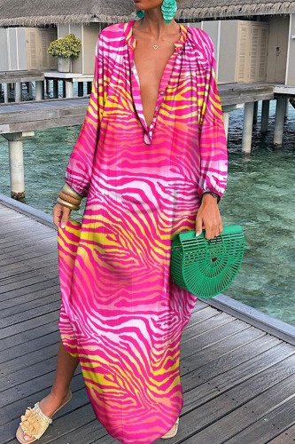 Rose Red Fashion Sexy Print Patchwork V Neck Straight Dresses