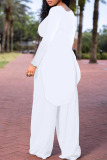 White Casual Solid Patchwork Slit O Neck Plus Size Two Pieces