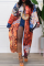 Red Fashion Print Patchwork Cardigan Collar Outerwear(Without belt)