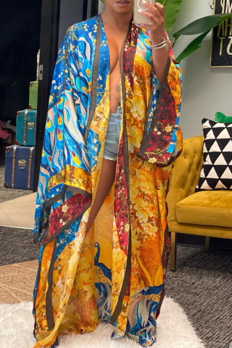 Gold Fashion Print Patchwork Cardigan Collar Outerwear(Without belt)