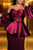 Burgundy Elegant Solid Patchwork Flounce Off the Shoulder Evening Dress Plus Size Dresses