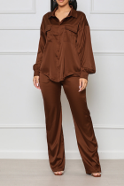 Brown Fashion Solid Patchwork Turndown Collar Long Sleeve Two Pieces
