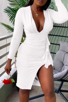 White Sexy Solid Patchwork Slit Fold V Neck Dresses