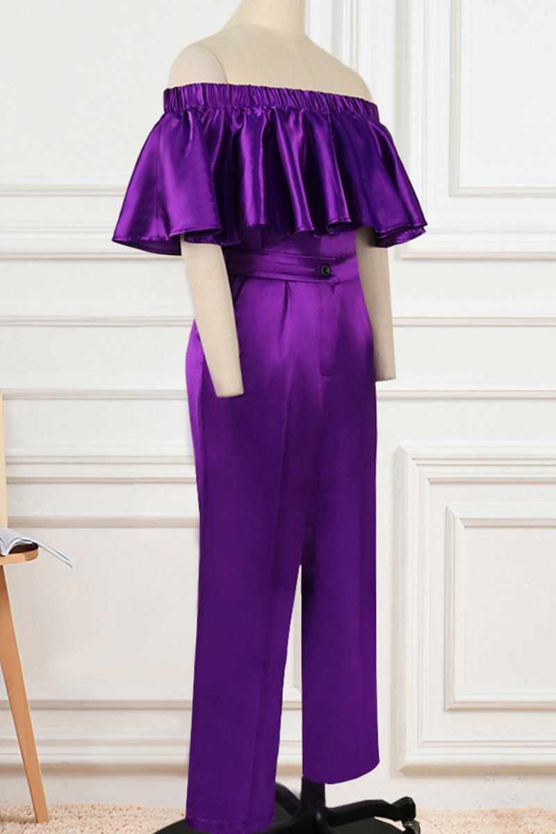 Wholesale Purple Casual Solid Patchwork Flounce Off The Shoulder Half Sleeve Two Pieces K58660 1 9039