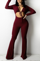 Burgundy Sexy Solid Bandage Hollowed Out Patchwork V Neck Boot Cut Jumpsuits