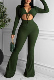 Army Green Sexy Solid Bandage Hollowed Out Patchwork V Neck Boot Cut Jumpsuits