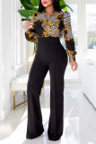 Black Gold Casual Print Patchwork Buckle Turndown Collar Tops