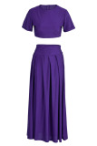 Dark Purple Fashion Casual Solid Slit O Neck Short Sleeve Two Pieces
